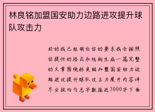 林良铭加盟国安助力边路进攻提升球队攻击力